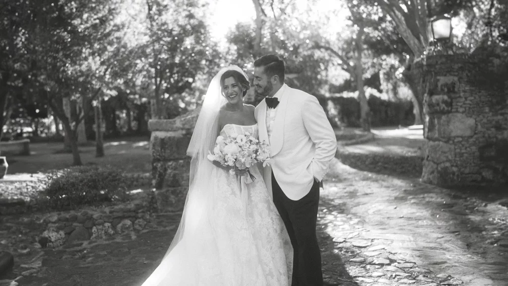 Bride and groom in black and white at a countryside home in the Dominican Republic